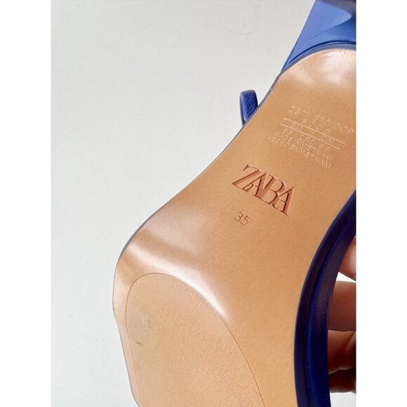 NWOT ZARA Blue Leather Square Toe Strappy High Heel Wraparound Sandals, Size 35 - Picture 14 of 15